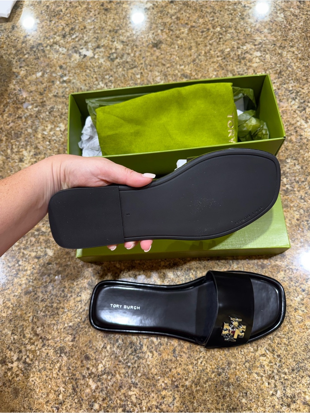 Tory Burch Black Patent T-Lock Slide Sandal - Picture 3 of 11